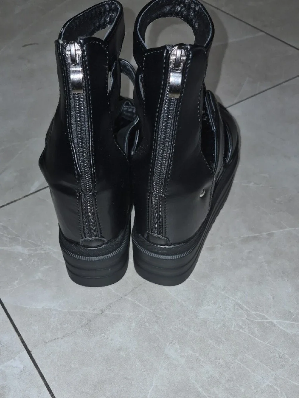 Black Strappy Platform Wedge Sandals with Back Zip - Women